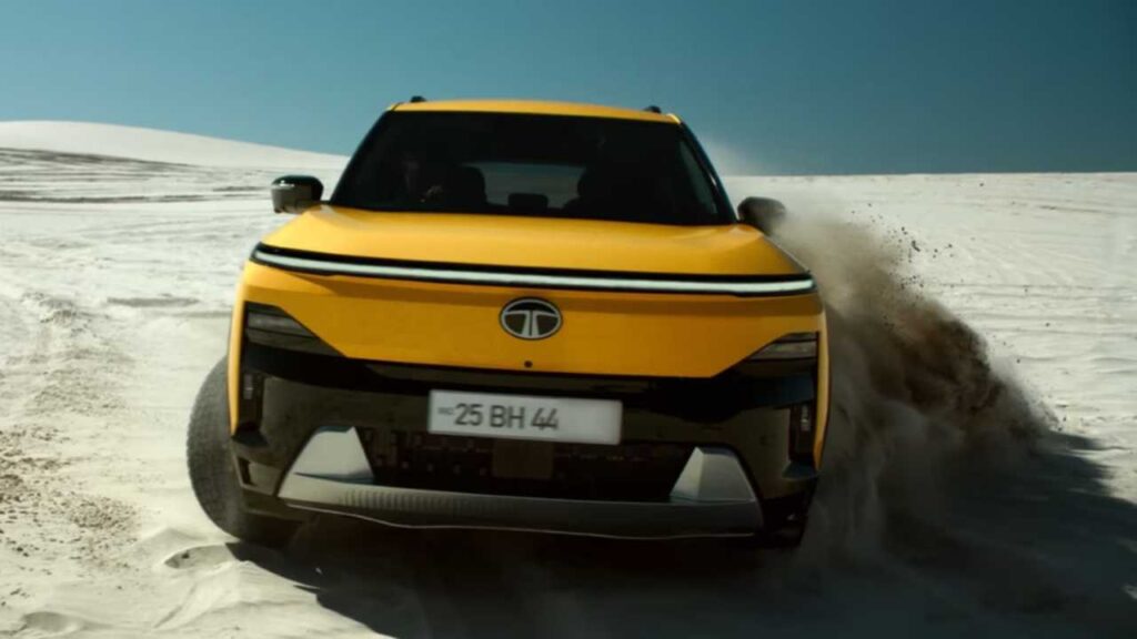 2025 Tata Sierra SUV front and side view showcasing its modern design, LED headlights, and bold stance ahead of India launch in November 2025.