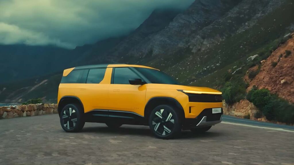 2025 Tata Sierra SUV front and side view showcasing its modern design, LED headlights, and bold stance ahead of India launch in November 2025.