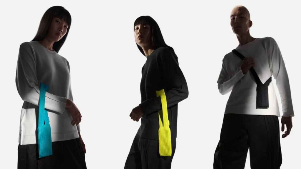 Apple and Issey Miyake iPhone Pocket 2025 – luxury 3D-knitted phone sleeve in bright colors, designed for iPhone, showcasing minimalist fashion-tech collaboration