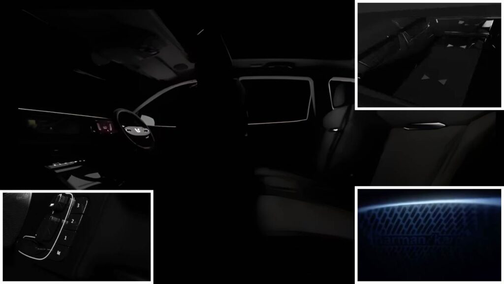 Mahindra XEV 9S interior teaser showing triple-screen dashboard, Harman Kardon sound system, and premium cabin features ahead of its November 27 launch.