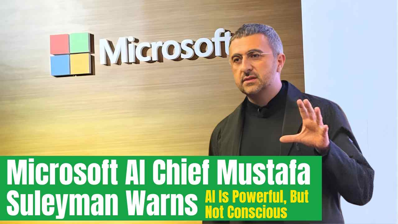 Microsoft AI CEO Mustafa Suleyman speaking at a tech event, emphasizing responsible AI development and stating that artificial intelligence is not conscious.