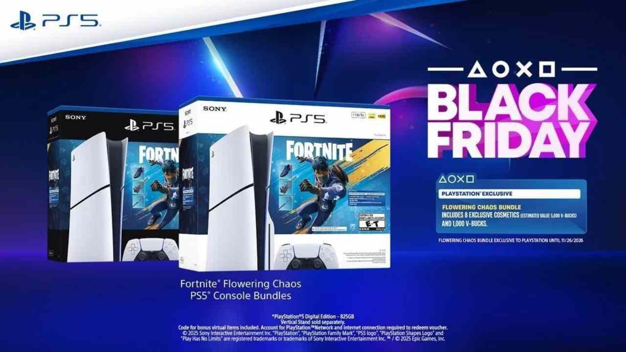 PS5 console with DualSense controller and PS5 game covers on a sale-themed background
