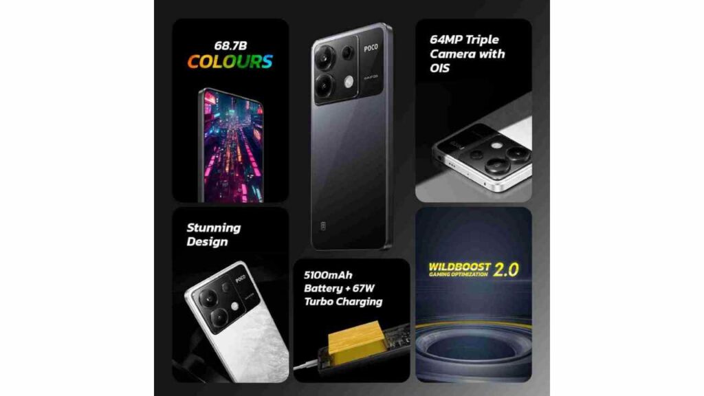 POCO X6 5G smartphone featuring 6.67-inch 1.5K AMOLED 120Hz display, 64MP OIS triple rear camera, and sleek black design