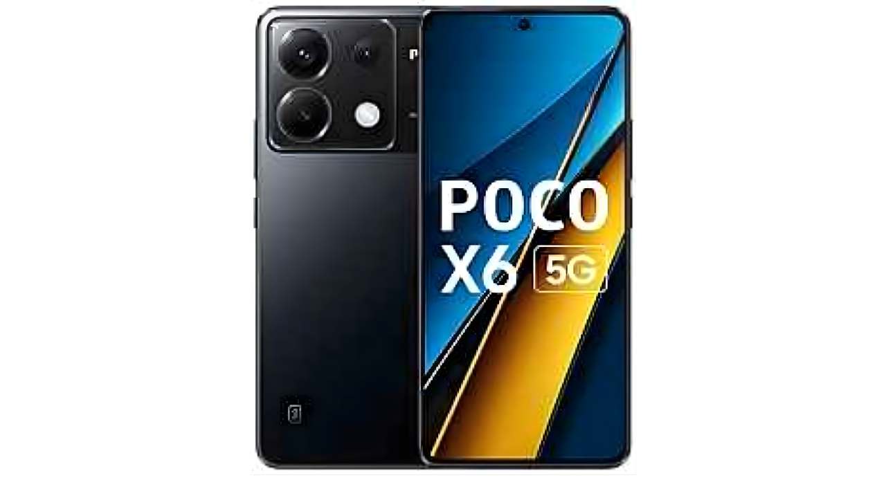 POCO X6 5G smartphone featuring 6.67-inch 1.5K AMOLED 120Hz display, 64MP OIS triple rear camera, and sleek black design