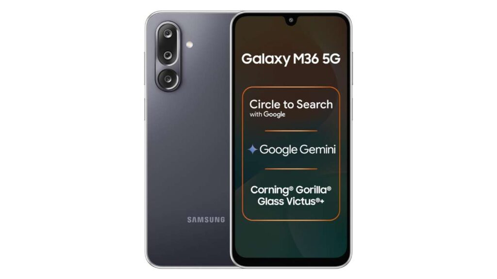 Samsung Galaxy M36 5G smartphone showing Super AMOLED display, triple rear camera with OIS, slim 7.7mm design, and Velvet Black color