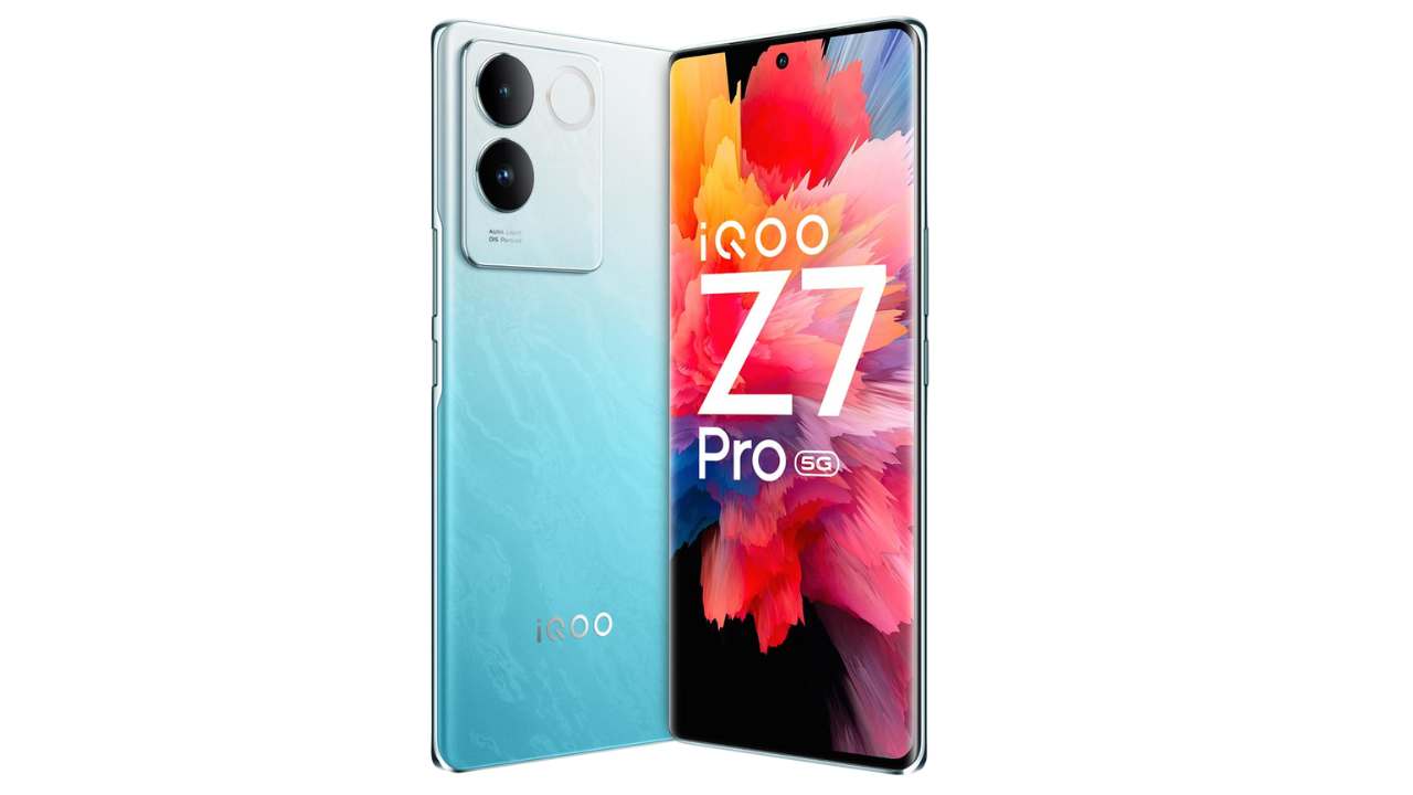 iQOO Z7 Pro 5G smartphone showing curved AMOLED display and slim Blue Lagoon design
