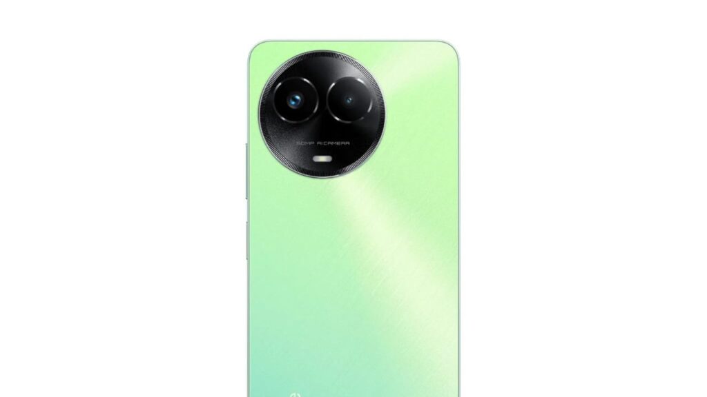 realme C67 5G smartphone showing 6.72-inch HD+ display, dual rear camera setup with 50MP main sensor, slim design, and Sunny Oasis color variant