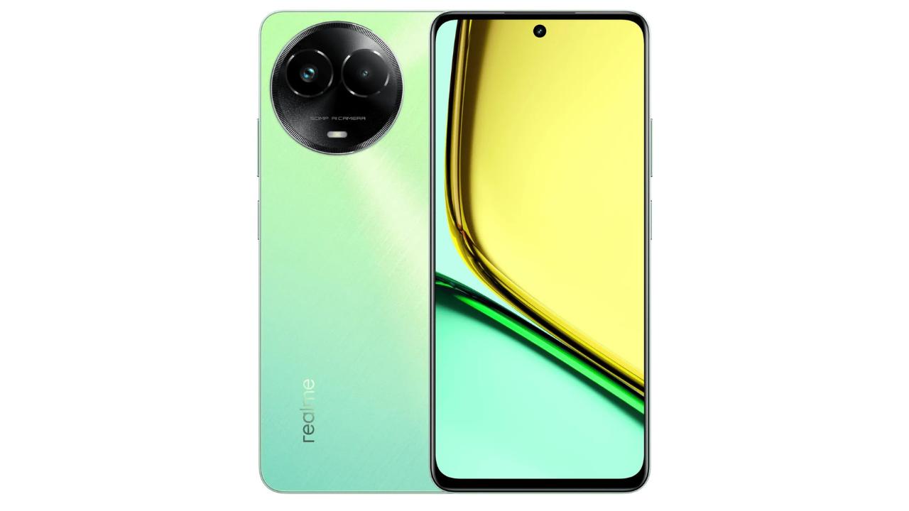 realme C67 5G smartphone showing 6.72-inch HD+ display, dual rear camera setup with 50MP main sensor, slim design, and Sunny Oasis color variant