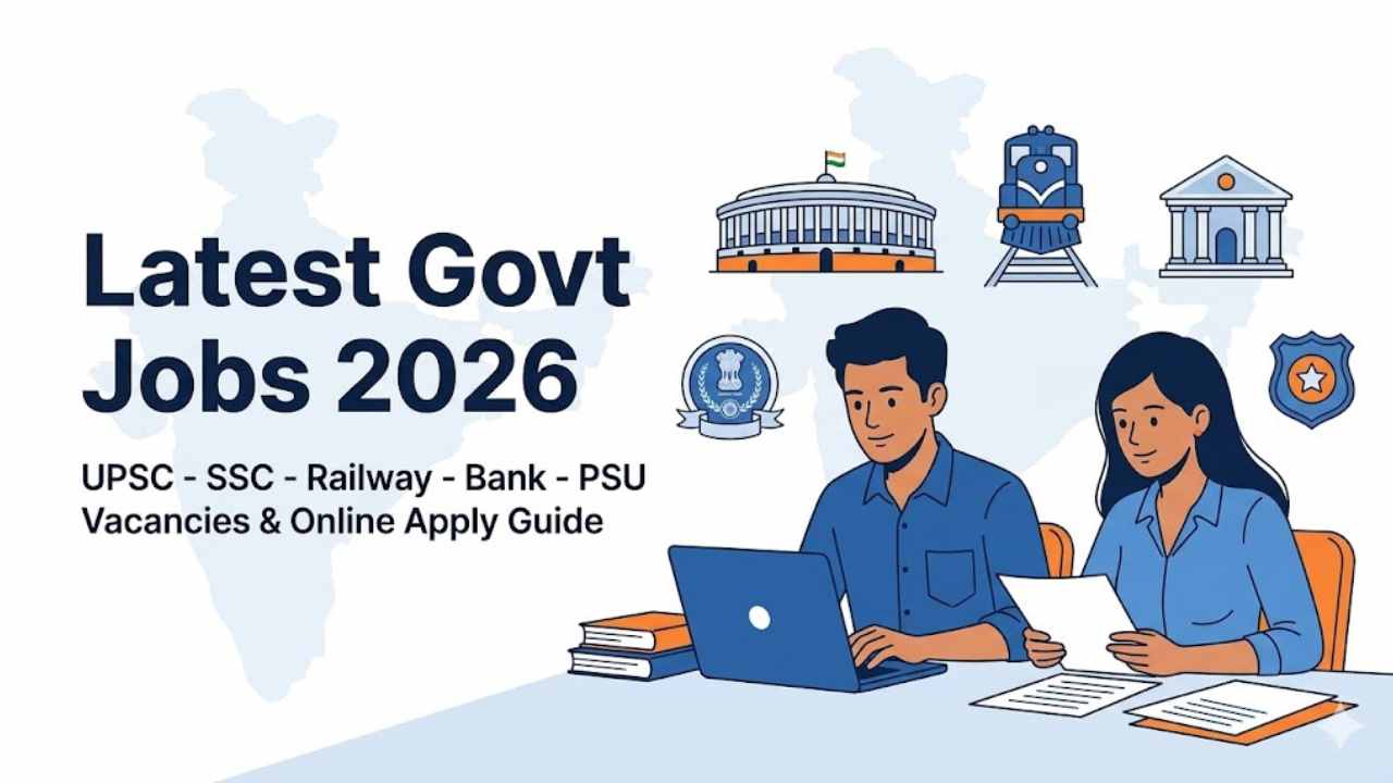 Illustration of two Indian candidates studying with a laptop and books, with icons of parliament, railway, bank and police in the background, representing latest government jobs 2026 across UPSC, SSC, Railway, Bank and PSU sectors.