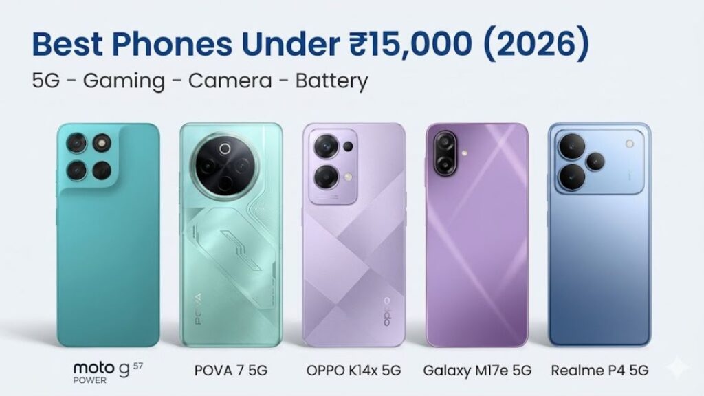Hero image showing several mid‑range smartphones labeled Galaxy M17e 5G, Redmi 13 5G, Realme P4 Lite 5G, POCO C85x and OPPO K14x 5G on a light background with the text “Best Phones Under ₹15,000 (2026) – 5G, Gaming, Camera, Battery”.