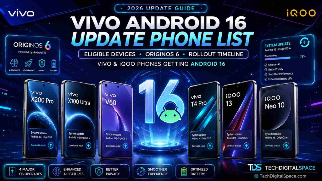 Futuristic feature image for Vivo Android 16 Update Phone List (2026) showing multiple Vivo and iQOO smartphones with glowing Android 16 and OriginOS 6 visuals, neon blue cyberpunk lighting, premium tech UI elements, and software update graphics on a dark futuristic background.