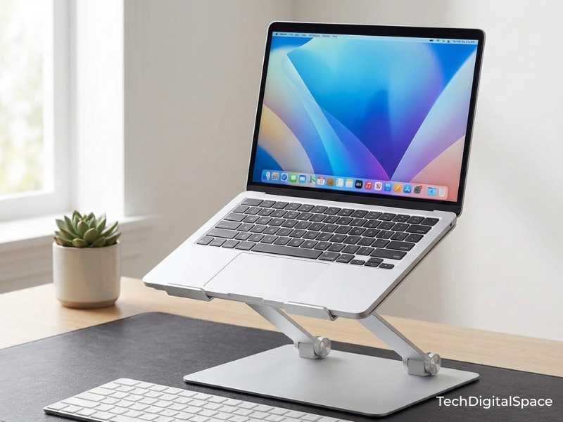 Amazon Basics aluminum laptop stand raising MacBook to eye level on minimal home office desk 2026