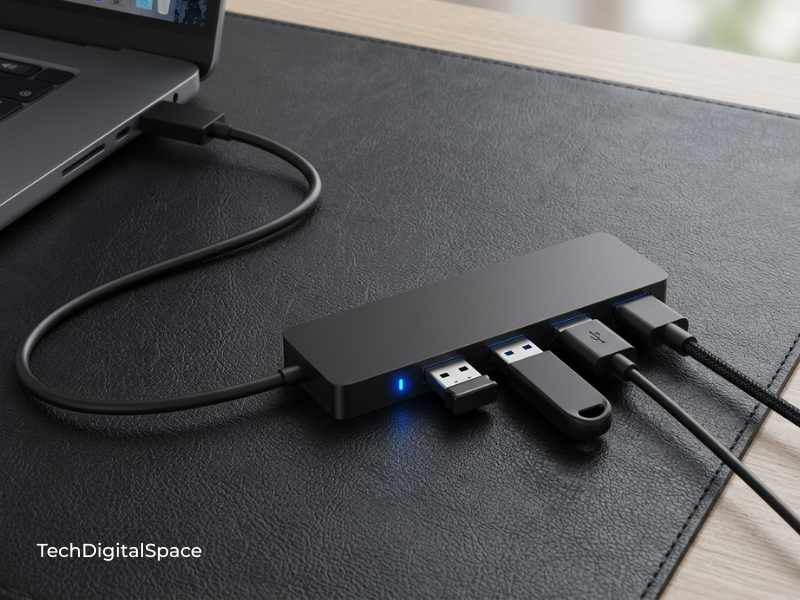 Anker 4-port USB 3.0 hub on desk setup — best budget USB hub for laptop home office 2026