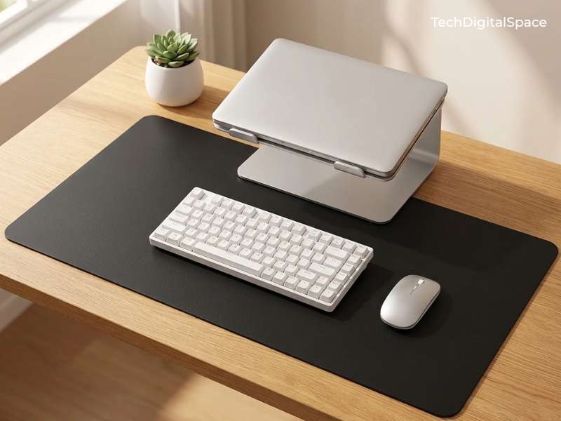 Aothia black PU leather desk pad on clean minimal desk — best budget desk mat for home office 2026