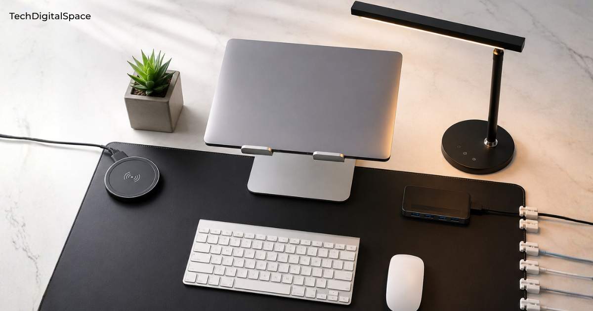 Best budget desk setup 2026 with laptop stand, LED desk lamp, wireless charger, USB hub, leather desk pad, and succulent plant — all products under $50 from Amazon