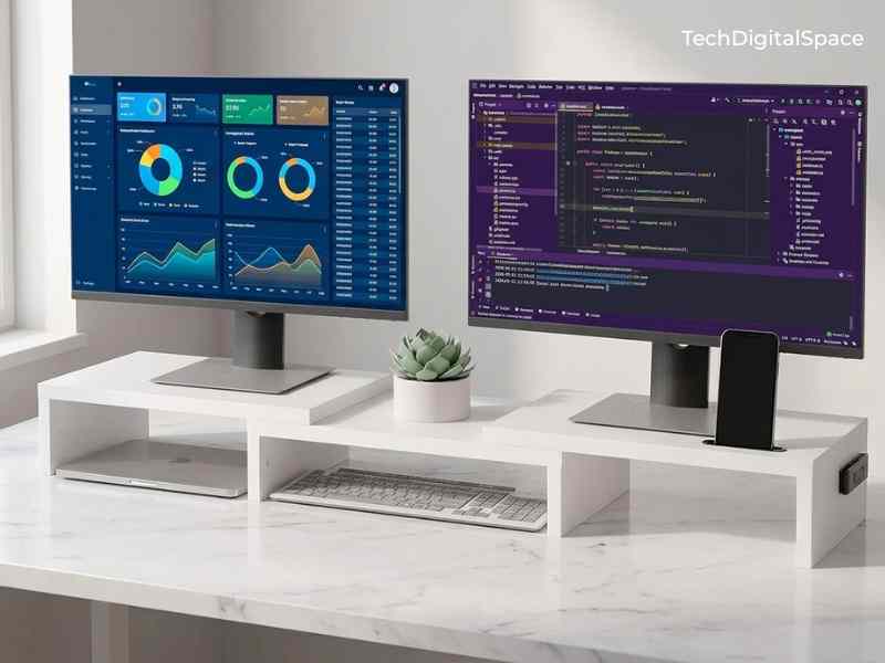 BONTEC metal monitor stand riser on desk — ergonomic budget monitor riser for home office 2026