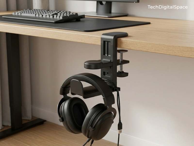 EURPMASK rotating headphone stand on desk with gaming headset — best budget headphone holder 2026