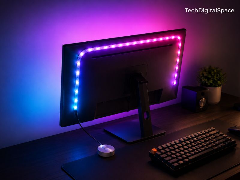 Govee RGBIC LED strip lights wrapped around monitor
casting blue purple pink gradient glow — best budget
desk setup lighting 2026