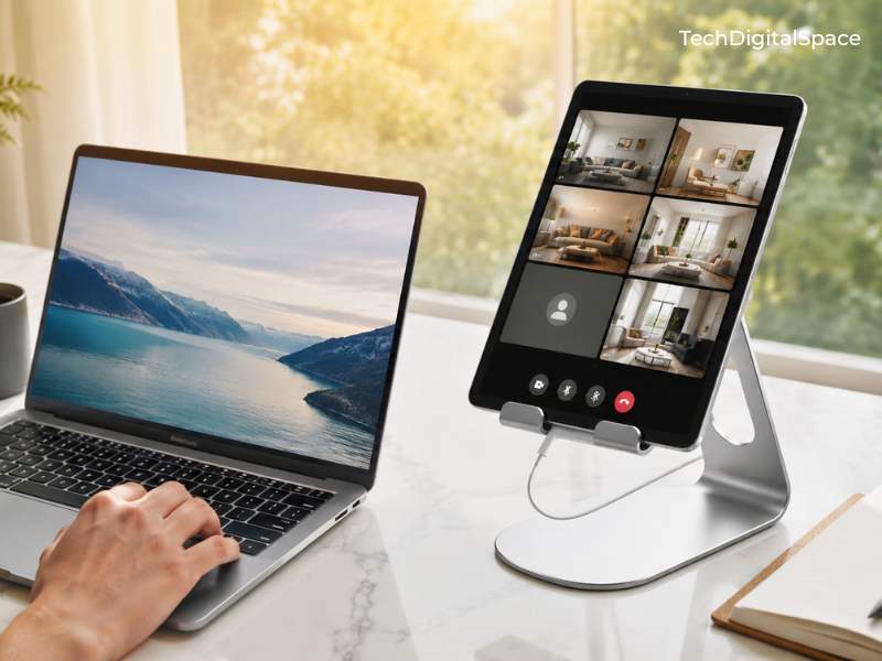 : Lamicall S1 silver tablet stand on minimal desk — best budget phone stand for home office 2026