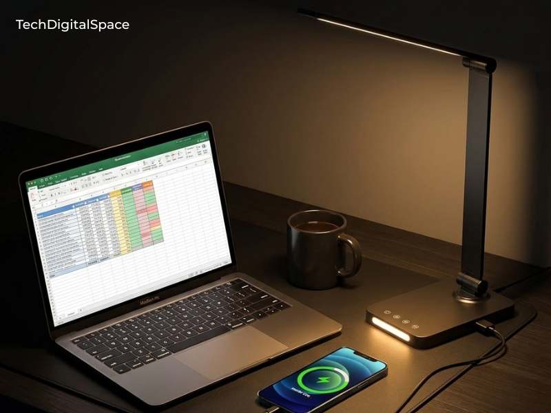 LED desk lamp with USB charging port glowing warm light on minimal home office desk setup 2026