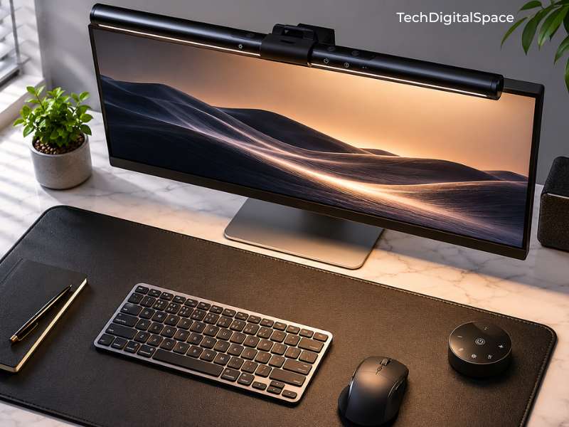 Quntis slim LED monitor light bar mounted on desk monitor casting warm glow — best desk lamp 2026