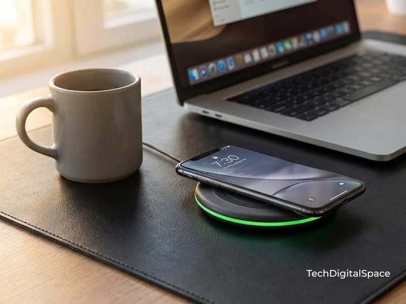 Yootech wireless charging pad on black leather desk mat charging smartphone — budget desk setup 2026