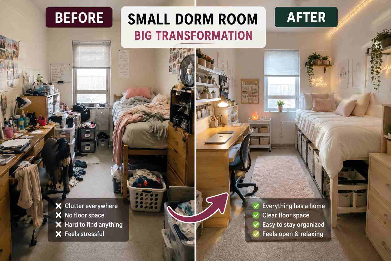 Small dorm room before and after transformation using space saving storage and organization products