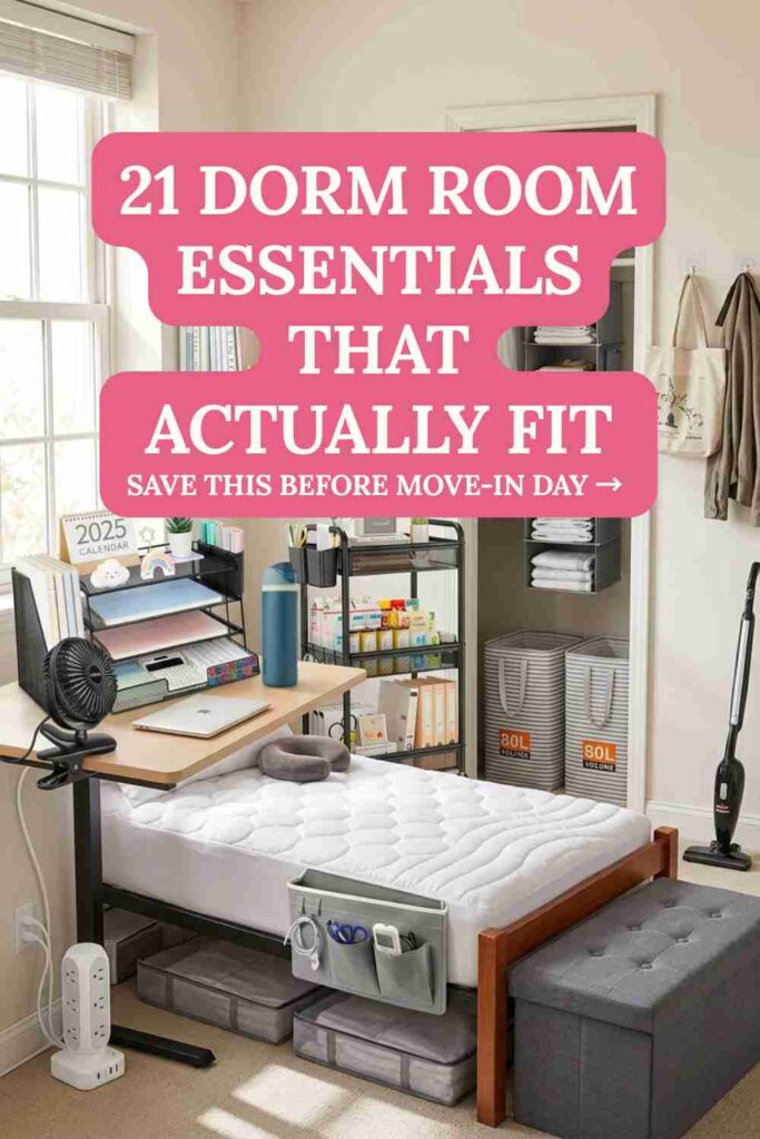 Organized college dorm room setup with desk lamp, storage cart, and cozy bedding Pinterest Purpose: Hero pin for scroll stopping appeal