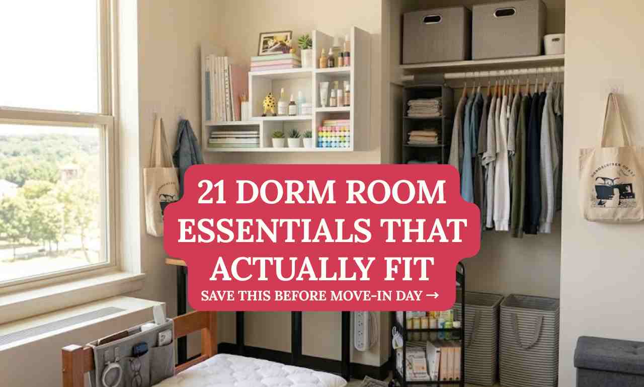 Organized college dorm room setup with desk lamp, storage cart, and cozy bedding