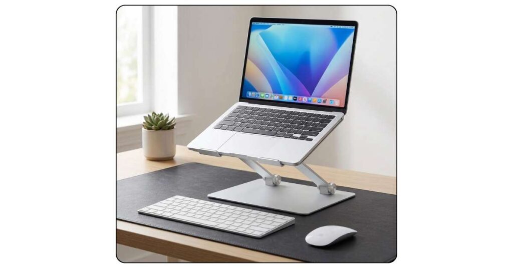 Silver adjustable laptop stand holding MacBook raised to eye level on clean college dorm desk with external keyboard and desk lamp

