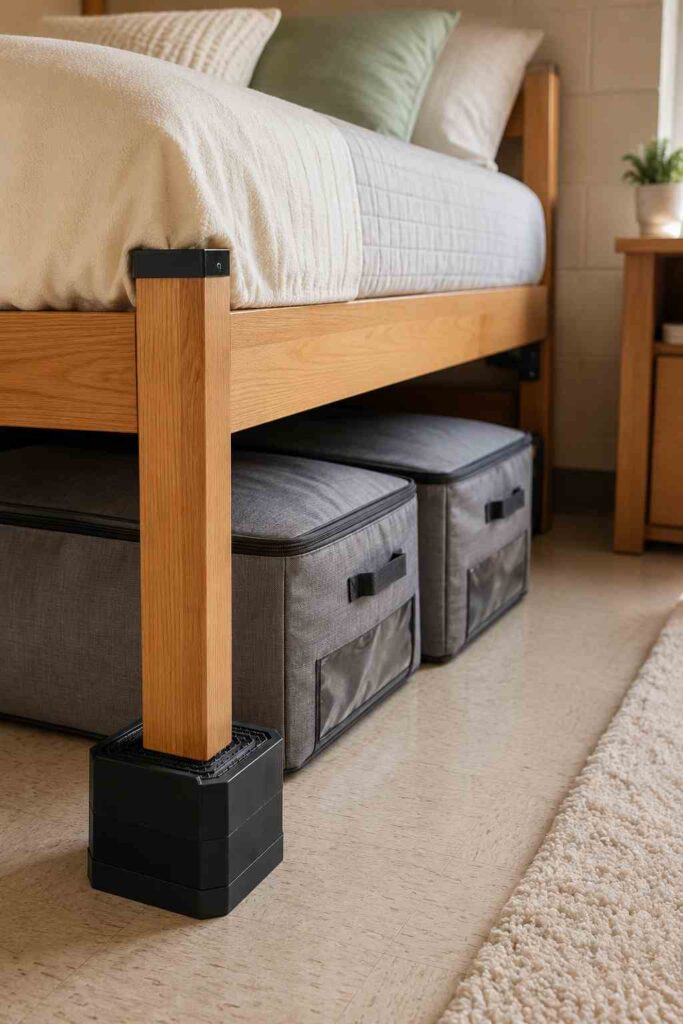 Black furniture bed riser raising dorm bed frame corner to create under bed storage space