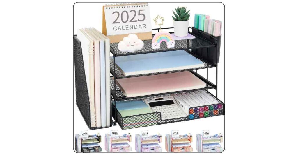 Black 4-tier desktop file organizer on college dorm desk with pens in holders folders in file slots and small items in open drawer