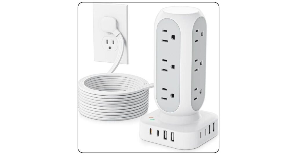 Compact charging tower on dorm room bedside shelf with phone and earbuds case plugged into USB-C ports and charging indicator lights visible