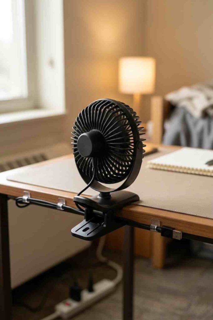Small black USB clip on fan attached to dorm desk edge leaving the full desk surface clear