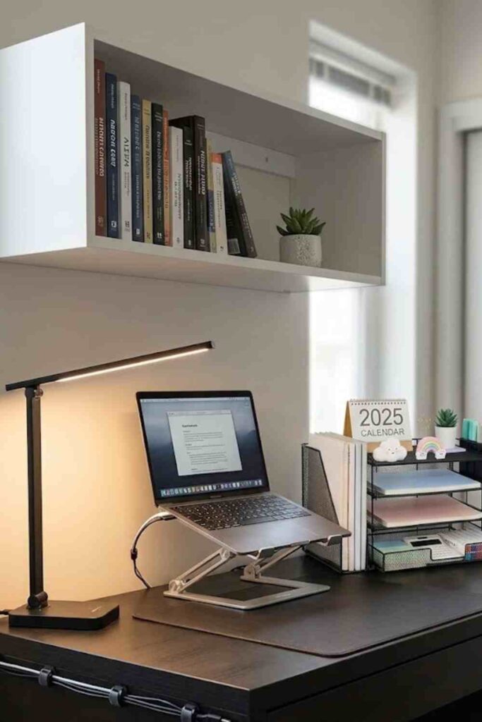 Clean minimalist college dorm desk setup with black LED lamp silver laptop stand black desk organizer and white desk hutch