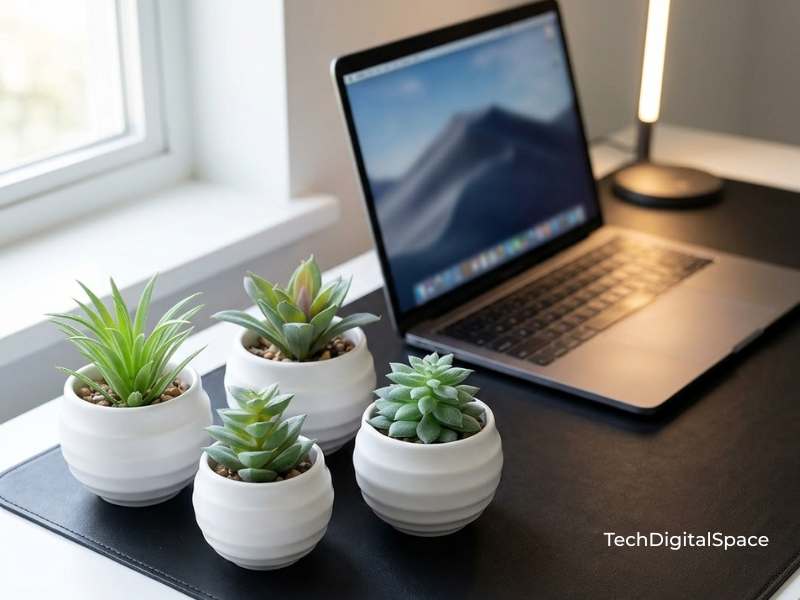 Der Rose artificial green succulent plant in pot on minimal desk corner — budget desk decor 2026