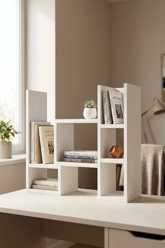 White desktop hutch shelf on dorm desk holding books and plant while keeping desk surface clear
