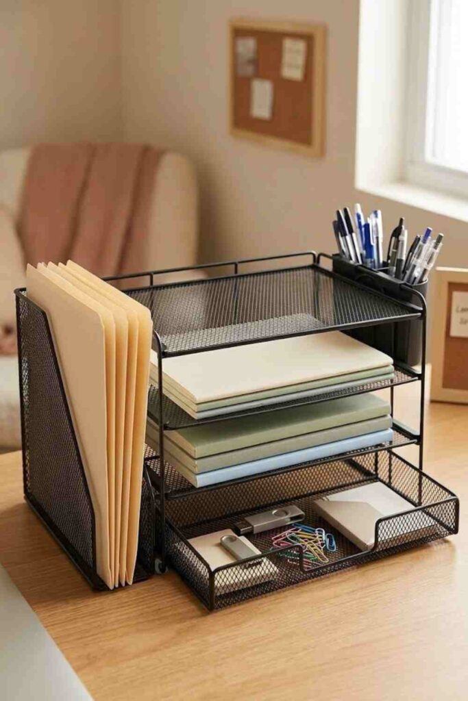 Black four tier desk organizer with open drawer on dorm desk holding pens folders and small supplies