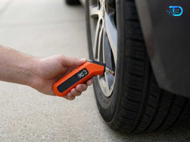 ETENWOLF vivid orange digital tire pressure gauge with LED PSI display pressed against car tire valve stem best tire gauge 2026