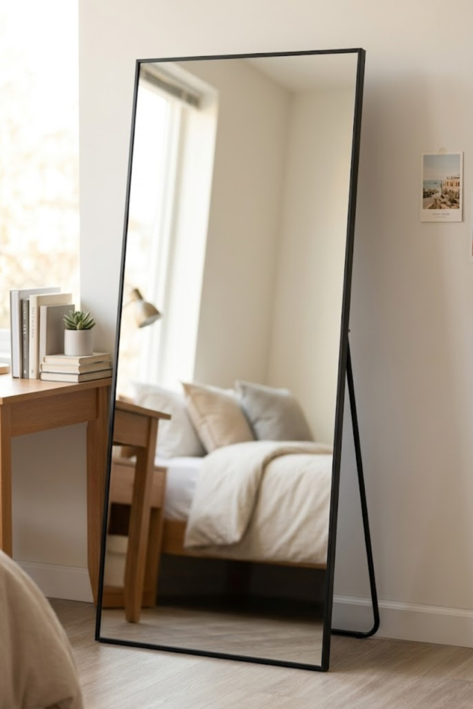 Black full length floor mirror leaning against dorm room wall reflecting natural light to make room feel bigger
