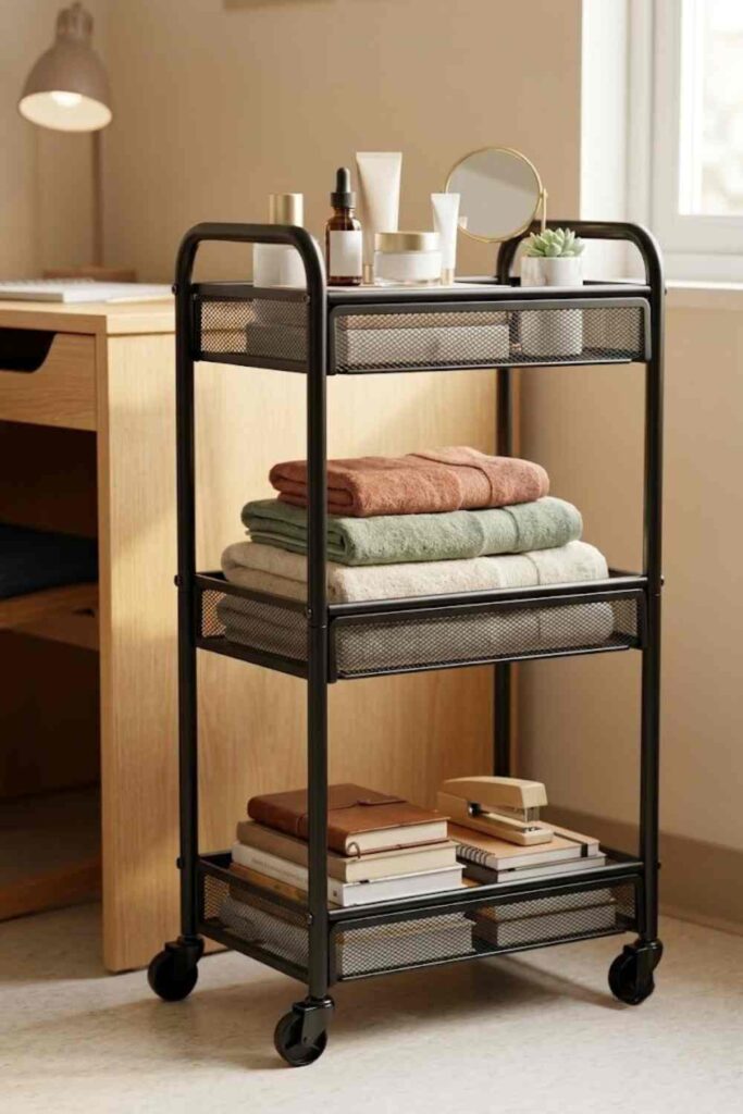 Grey six shelf hanging closet organizer in dorm closet with neatly folded clothes on each shelf