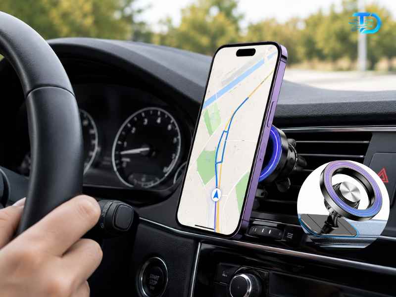 Kaistyle MagSafe magnetic car mount with blue LED ring on car air vent holding iPhone showing navigation app best car phone holder 2026