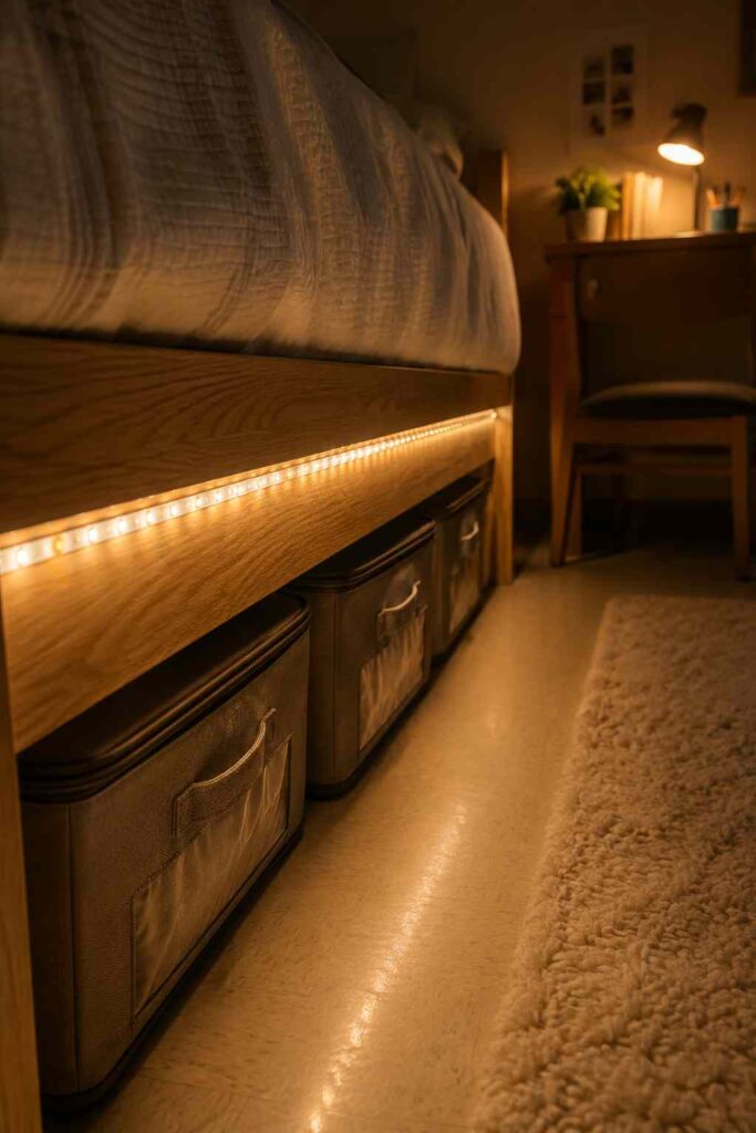 Warm white LED light strips under dorm bed frame creating soft ambient glow that eliminates dark corners
