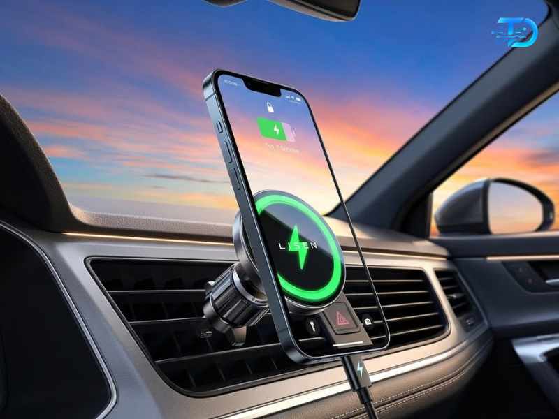 LISEN wireless car charger mount with green LED ring charging indicator on car vent holding iPhone best MagSafe car charger mount 2026