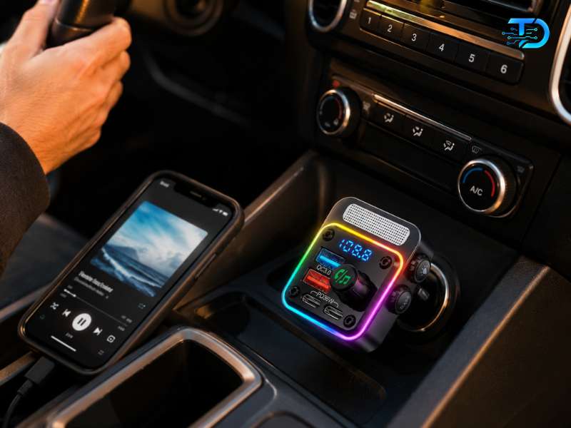 Nulaxy Bluetooth FM transmitter with RGB LED border plugged into car cigarette lighter showing QC3.0 and PD36W charging ports 2026