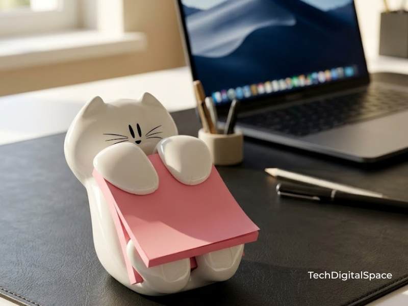 Post-it white cat sticky note dispenser holding
pink pop-up notes on minimal desk — cute budget
desk organizer for home office 2026