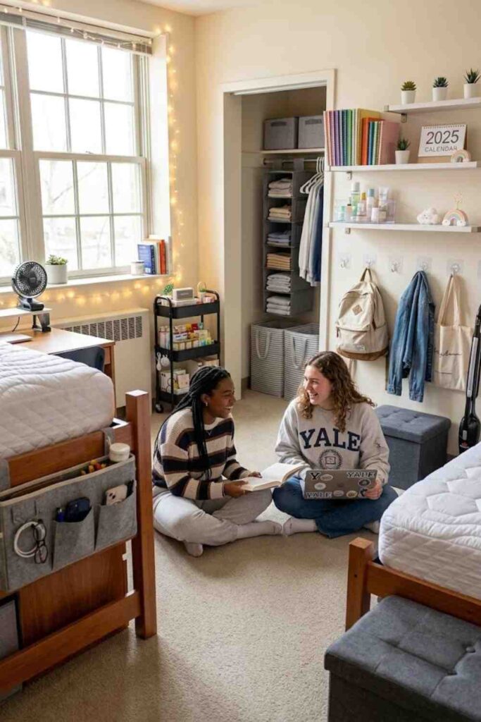Two college students in a small well-organized dorm room with vertical wall storage hooks and organized closet in background