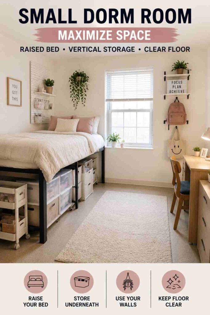 Small dorm room with raised bed and clear floor showing how vertical space makes room feel bigger