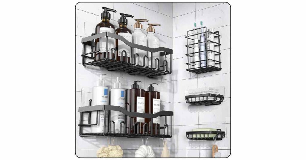 Stainless steel shower caddy filled with shampoo conditioner body wash and razor on white bathroom shelf in college communal bathroom