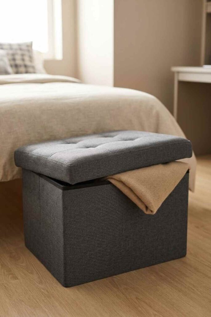 Grey storage ottoman at foot of dorm bed with lid open showing folded blanket storage inside